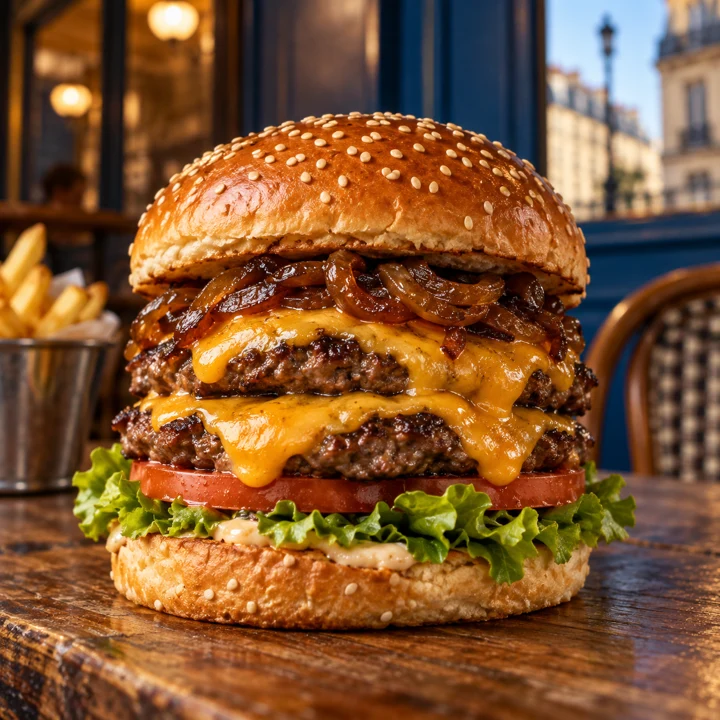 Burger au cheddar, salade et tomates