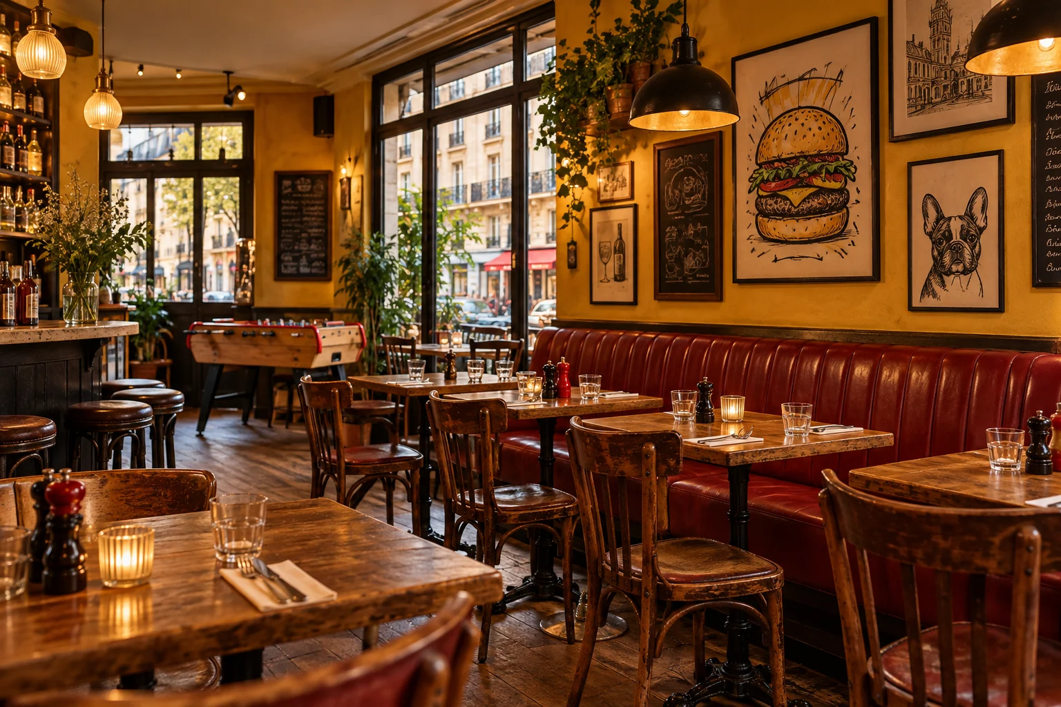 Ambiance de bistrot parisien, banquettes et tables en bois — visuel d’illustration